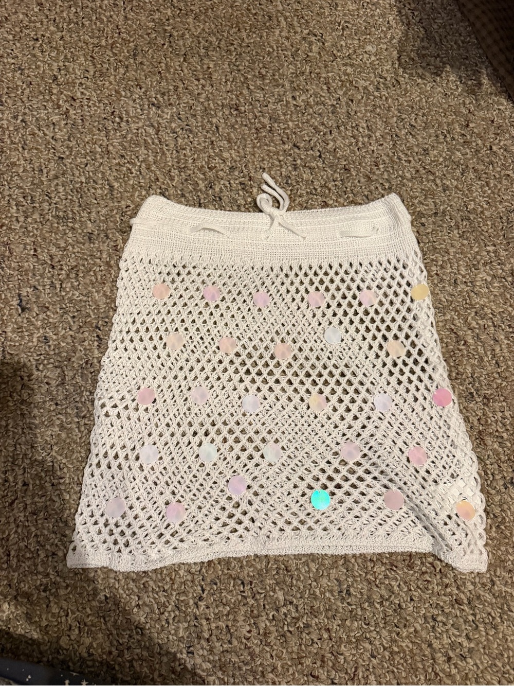 Women's Cream Crochet Mini Skirt with Iridescent Sequin Accents